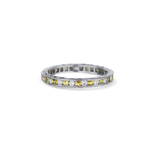 18K Hand-Engraved White Gold Round White Diamond & Yellow Sapphire Eternity Band