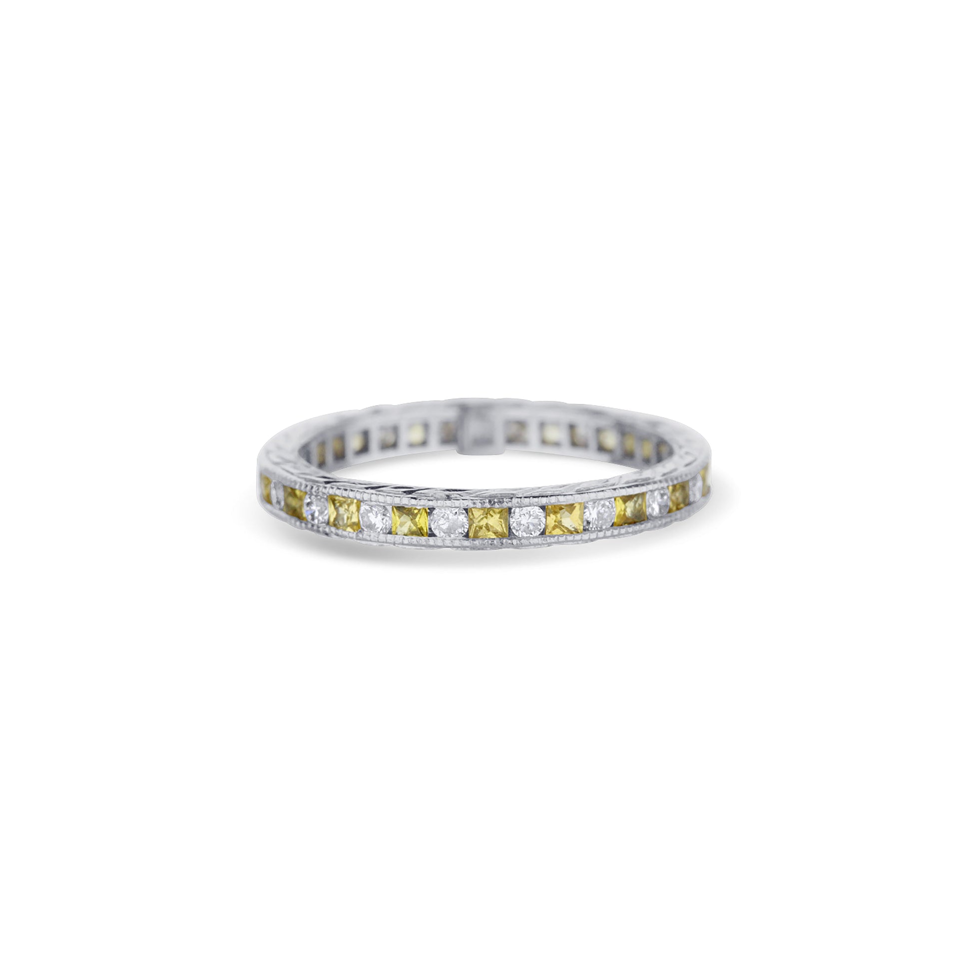 18K Hand-Engraved White Gold Round White Diamond & Yellow Sapphire Eternity Band