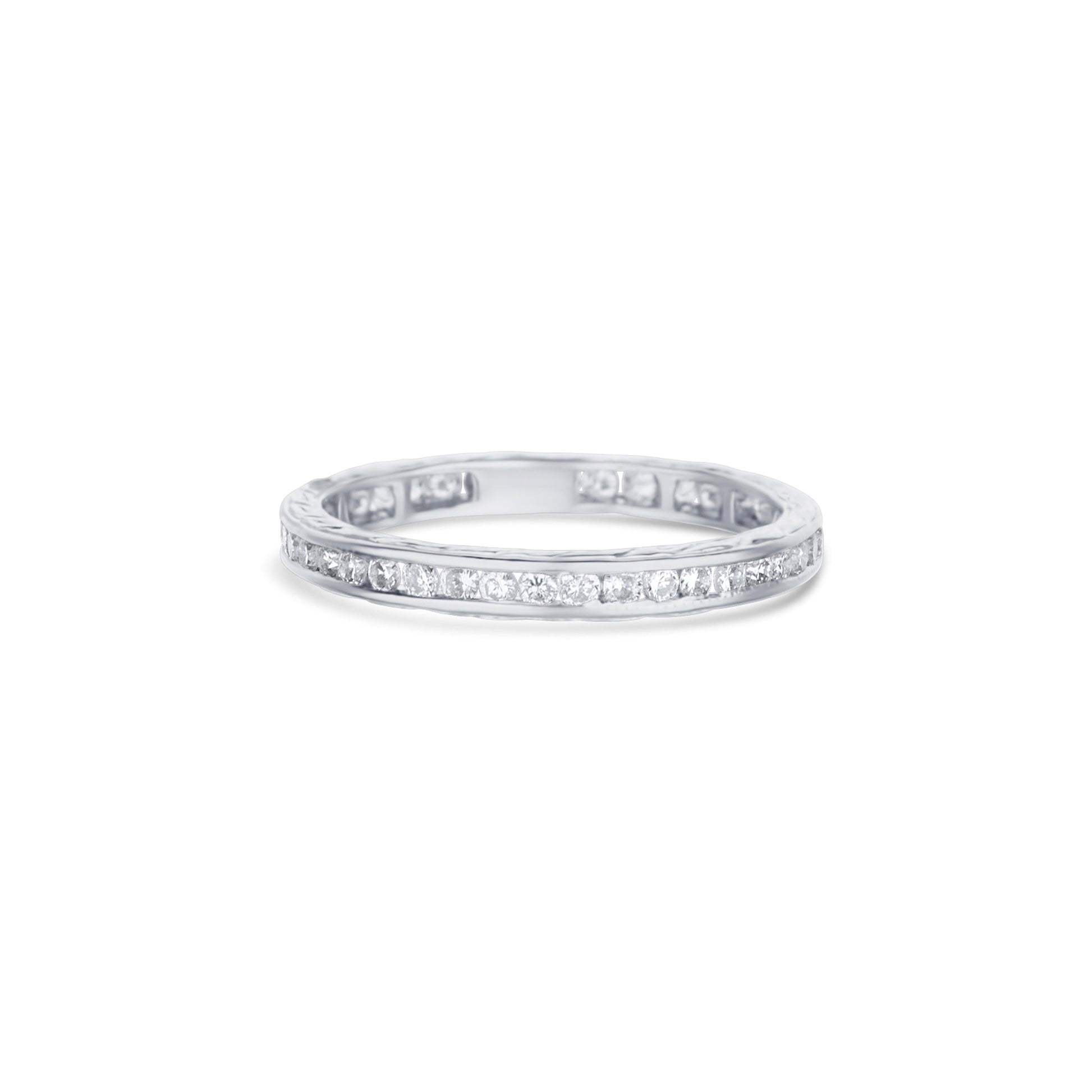 18K White Gold Hand-Engraved Round Diamond Eternity Band