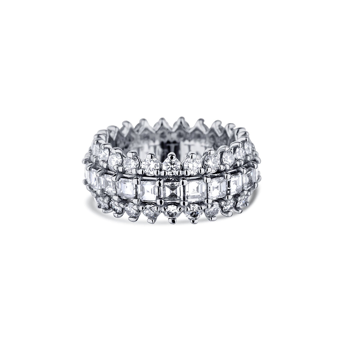 14K White Gold 3 Row Round And Step Cut Diamond Eternity Band