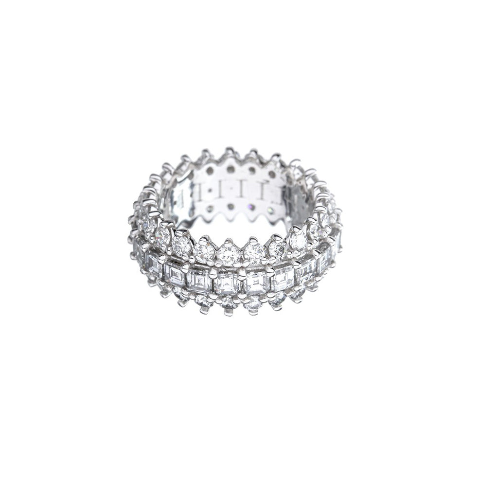 14K White Gold 3 Row Round And Step Cut Diamond Eternity Band