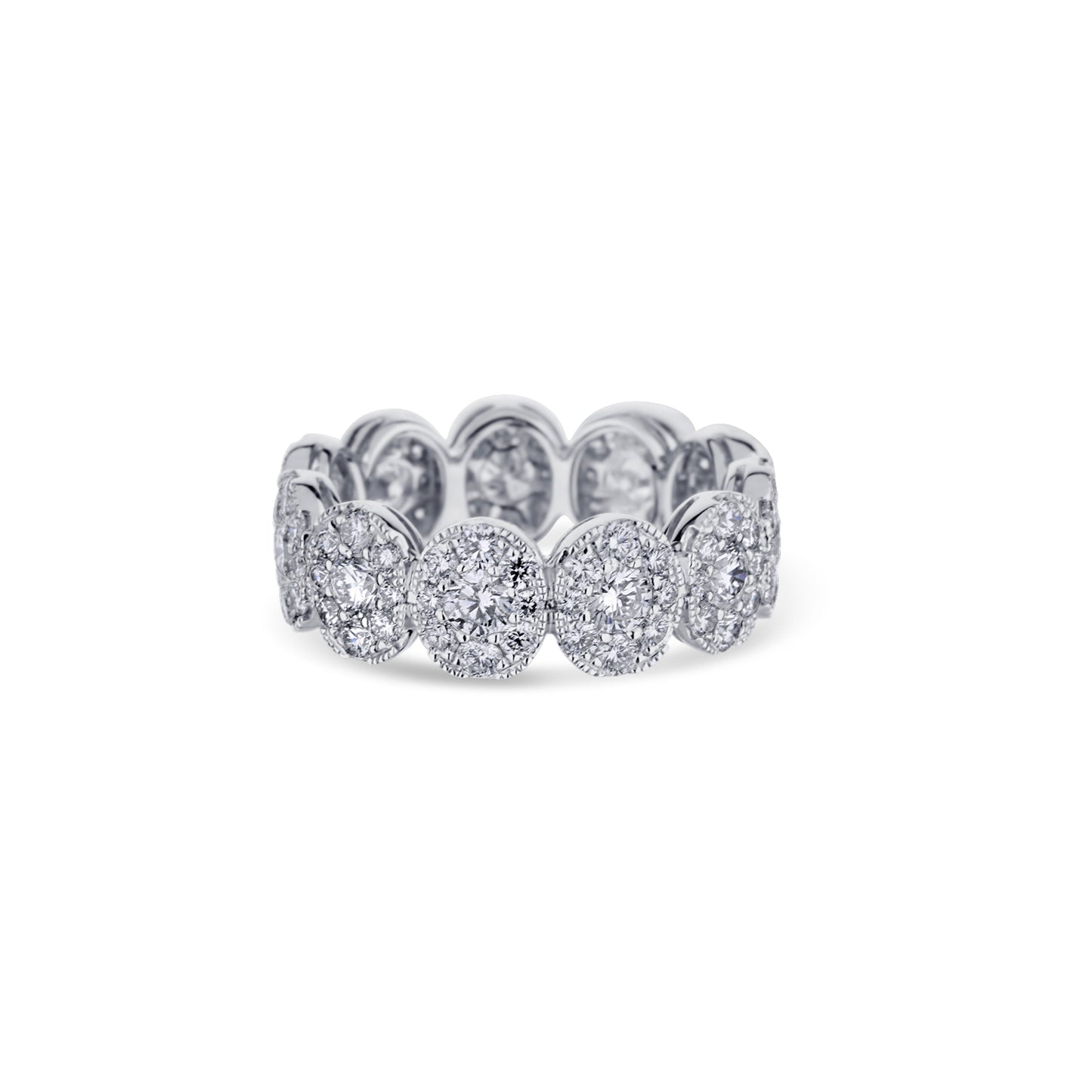 18K White Gold Pave Diamond Oval Eternity Band With Milgrain Border