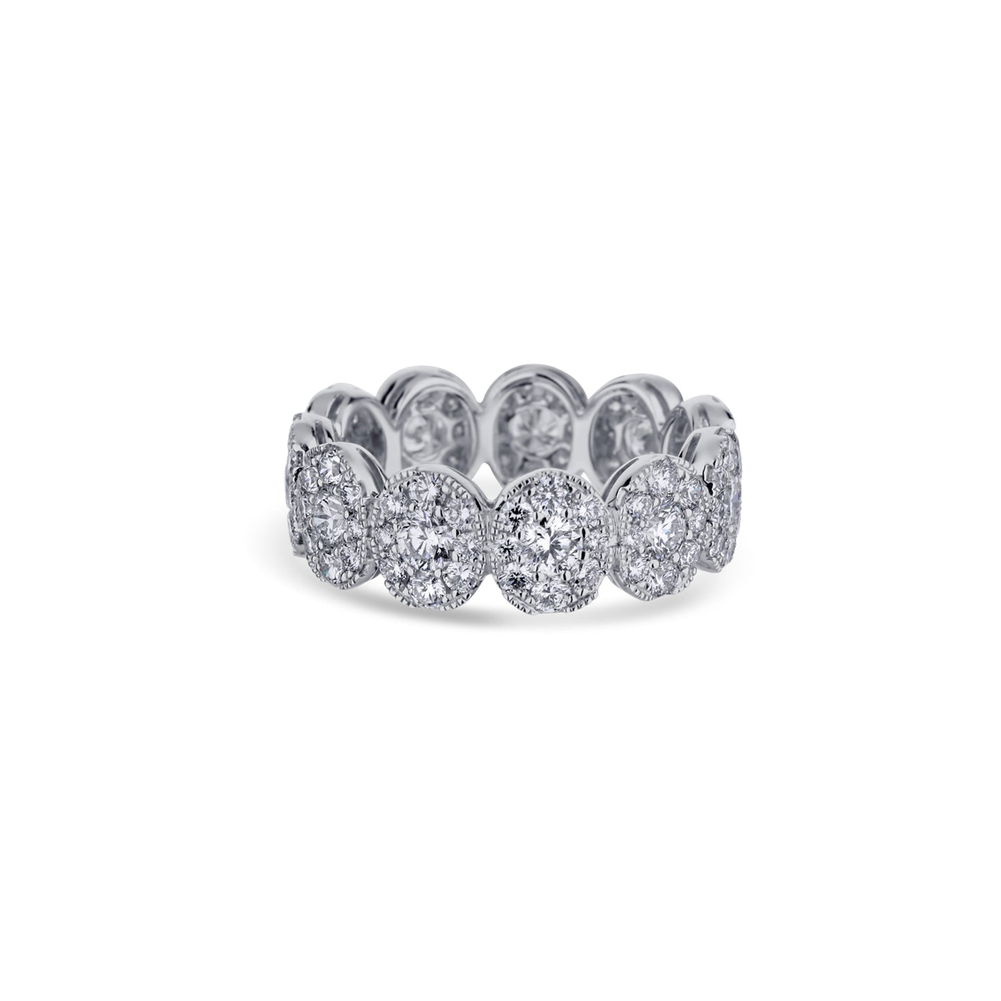 18K White Gold Pave Diamond Oval Eternity Band With Milgrain Border