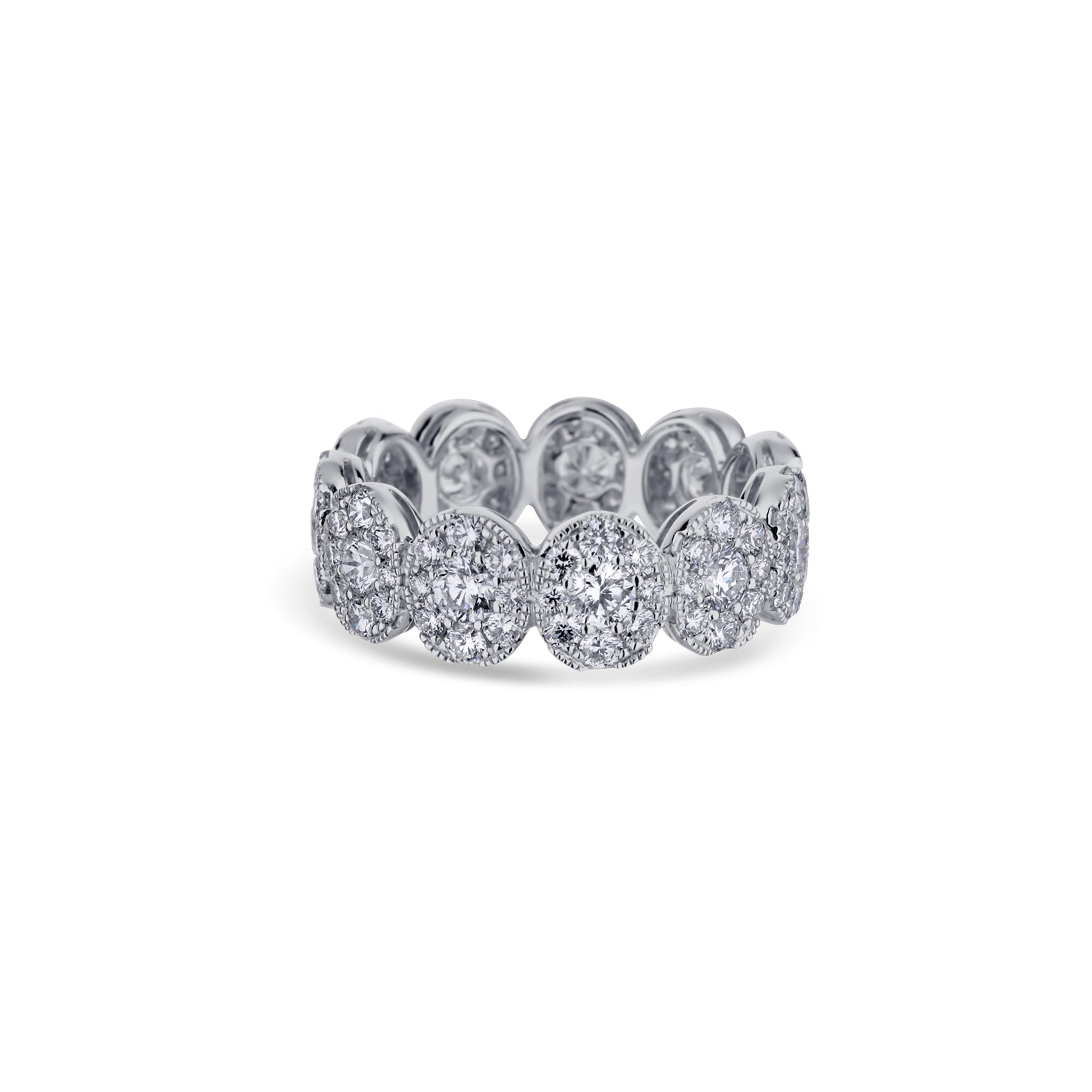 18K White Gold Pave Diamond Oval Eternity Band With Milgrain Border