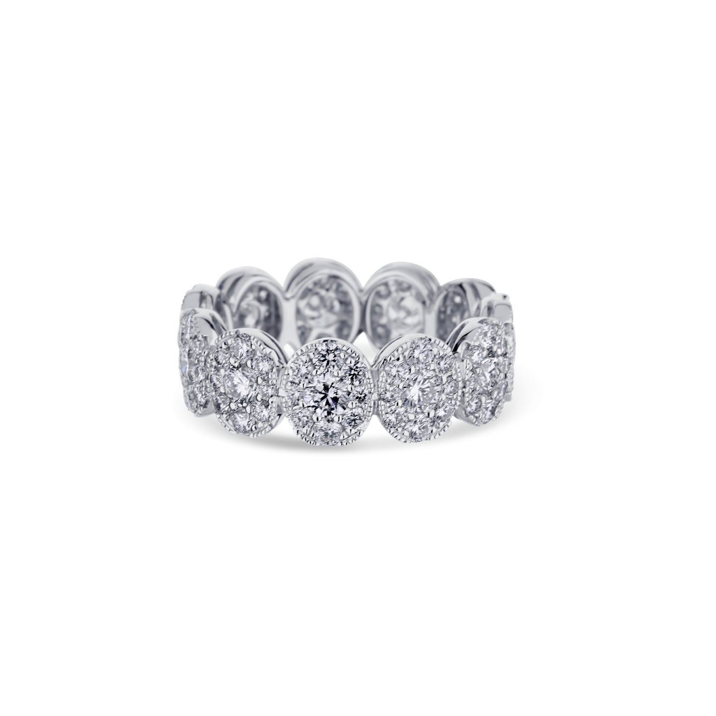 18K White Gold Pave Diamond Oval Eternity Band With Milgrain Border