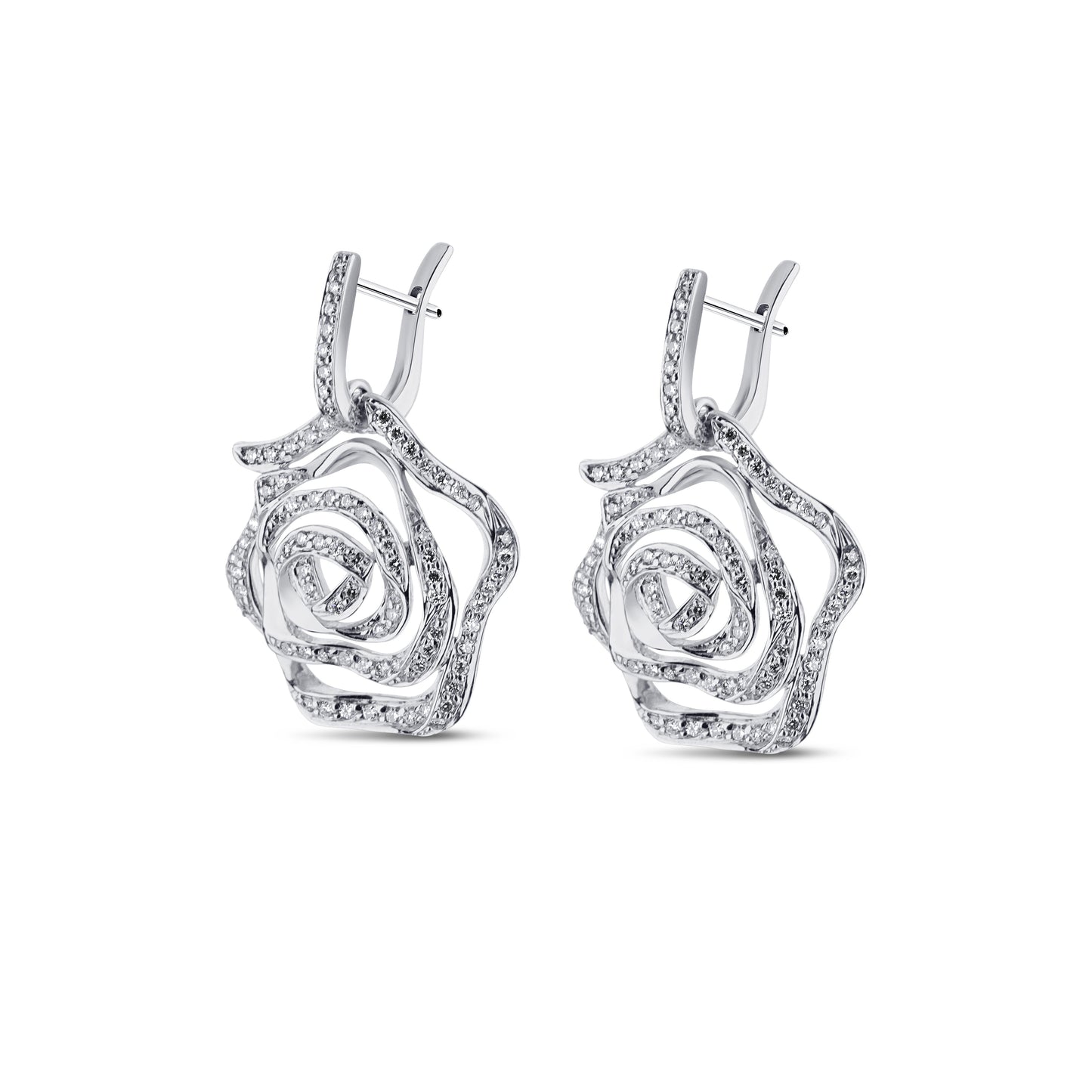 18K White Gold Ribbon Rose Diamond Dangle Earrings