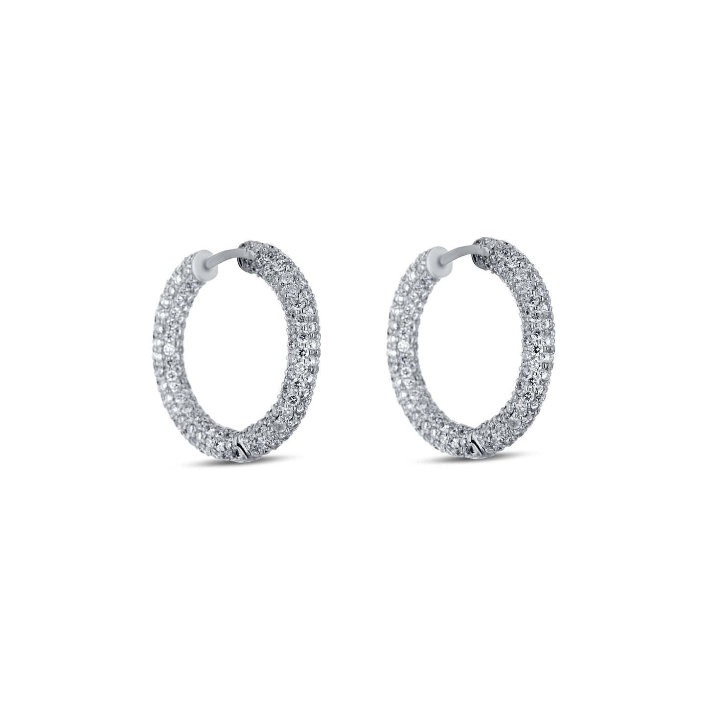 18K White Gold Round Tube Complete Pave Diamond Hoops