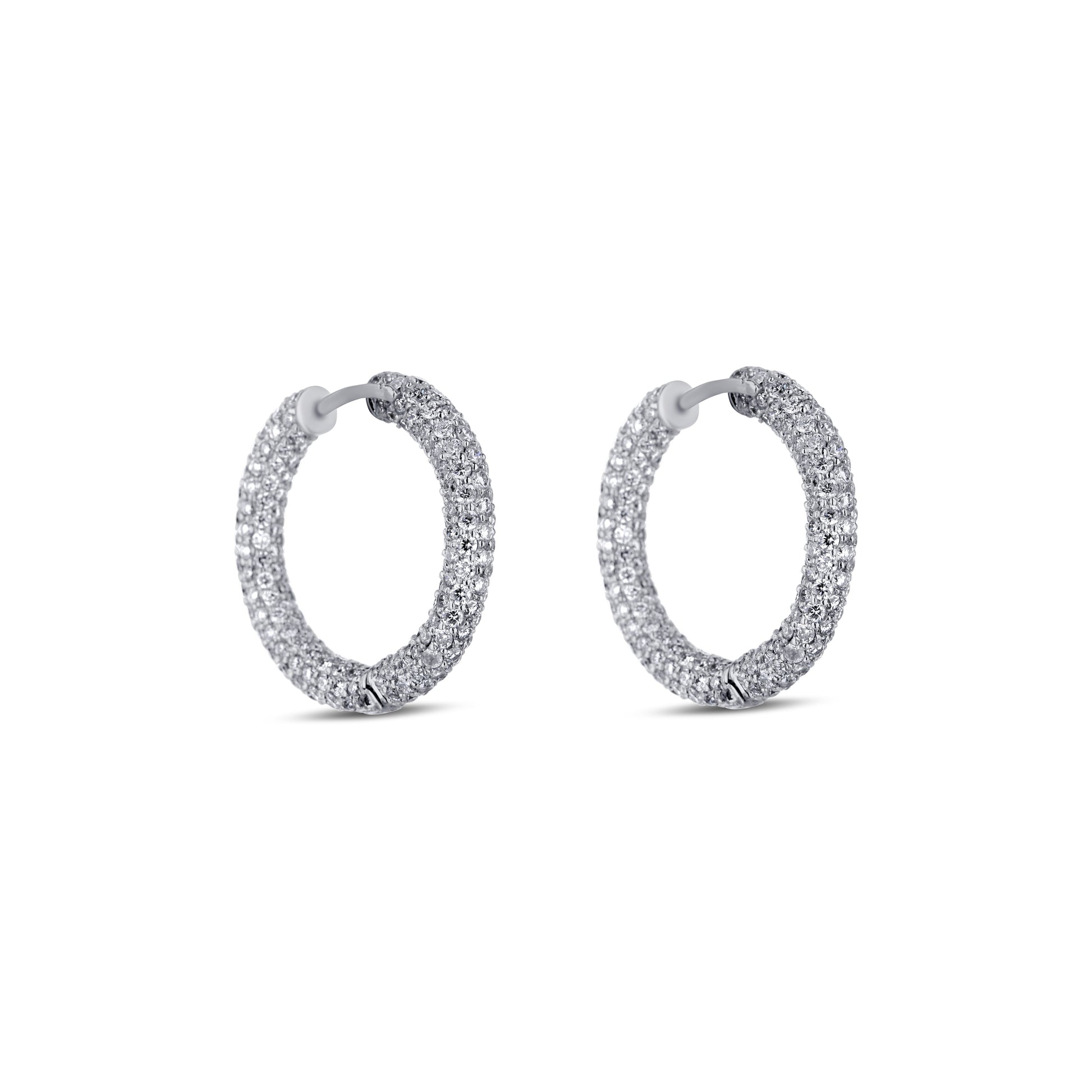 18K White Gold Round Tube Complete Pave Diamond Hoops