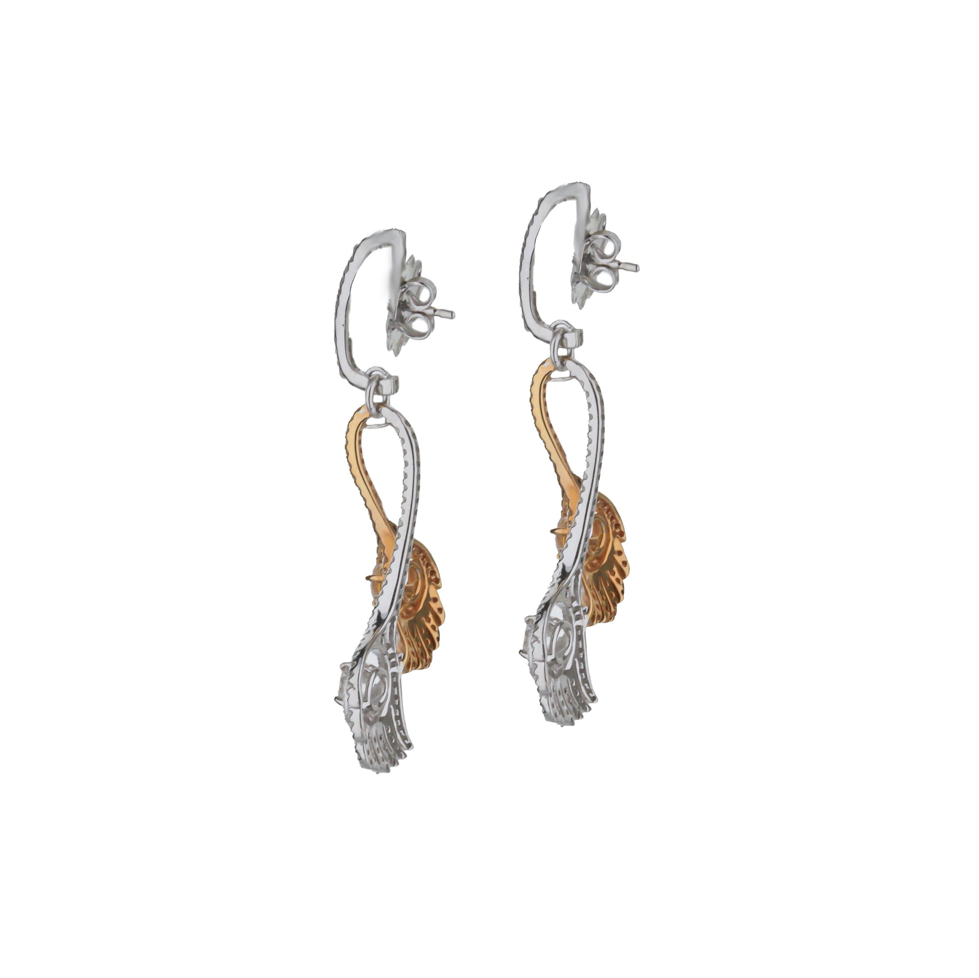 18K White & Rose Gold Windswept Diamond Frond Dangle Earrings