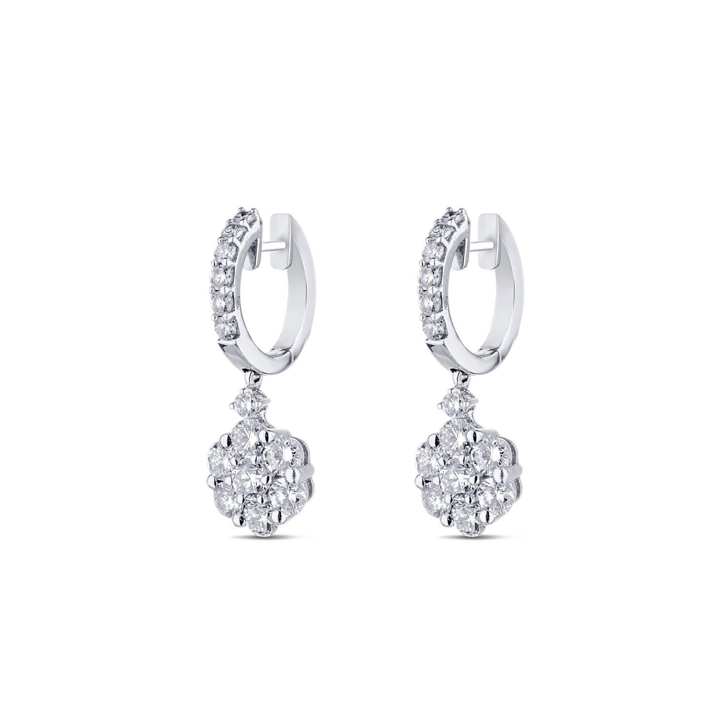 18K White Gold Diamond Flower Cluster Dangle Earrings