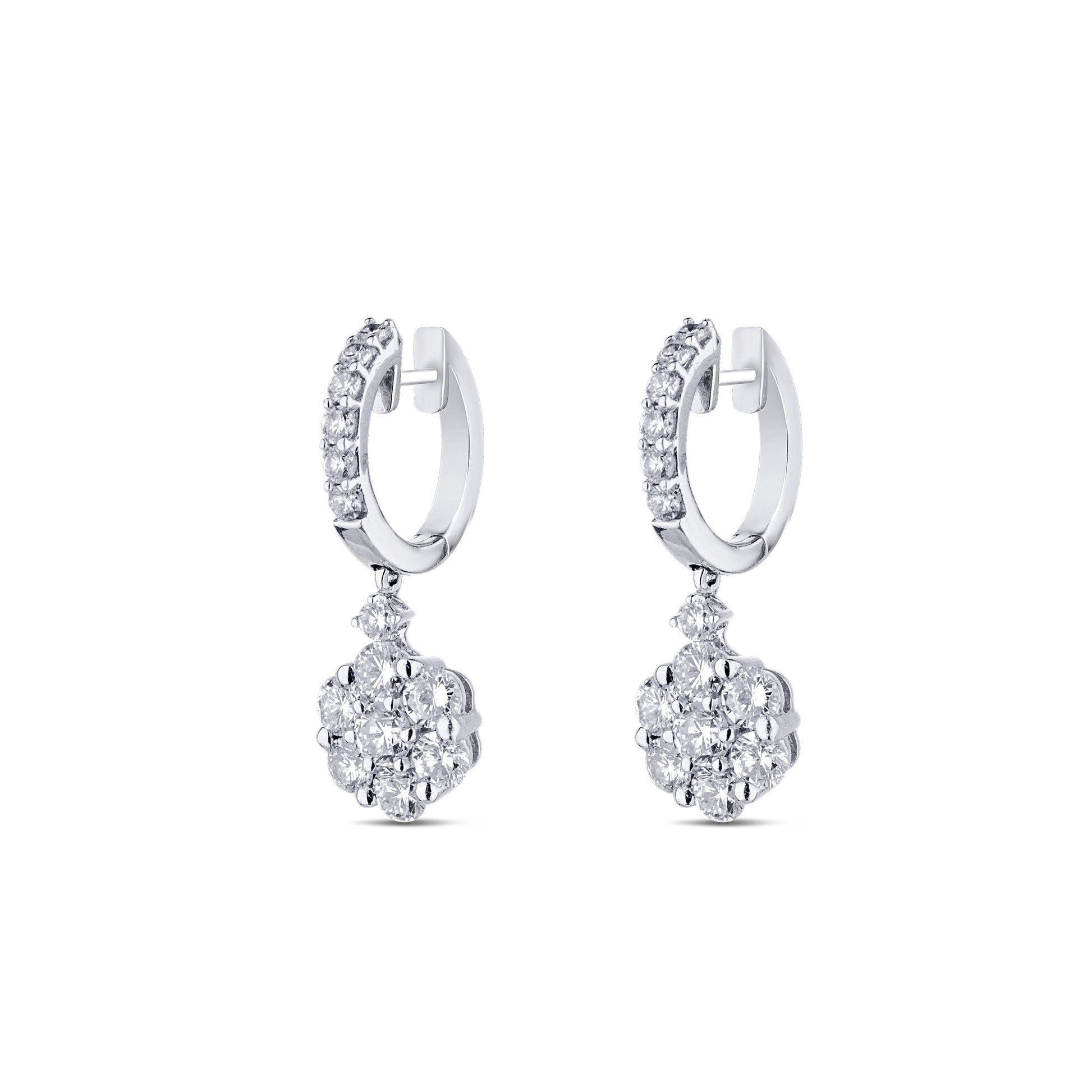 18K White Gold Diamond Flower Cluster Dangle Earrings