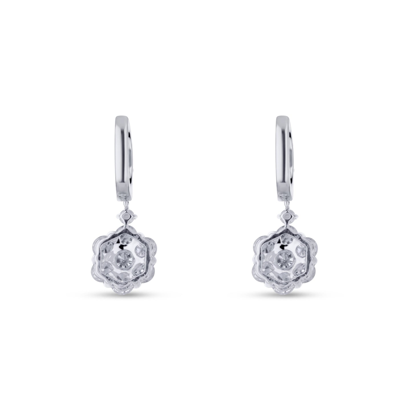 18K White Gold Diamond Flower Cluster Dangle Earrings