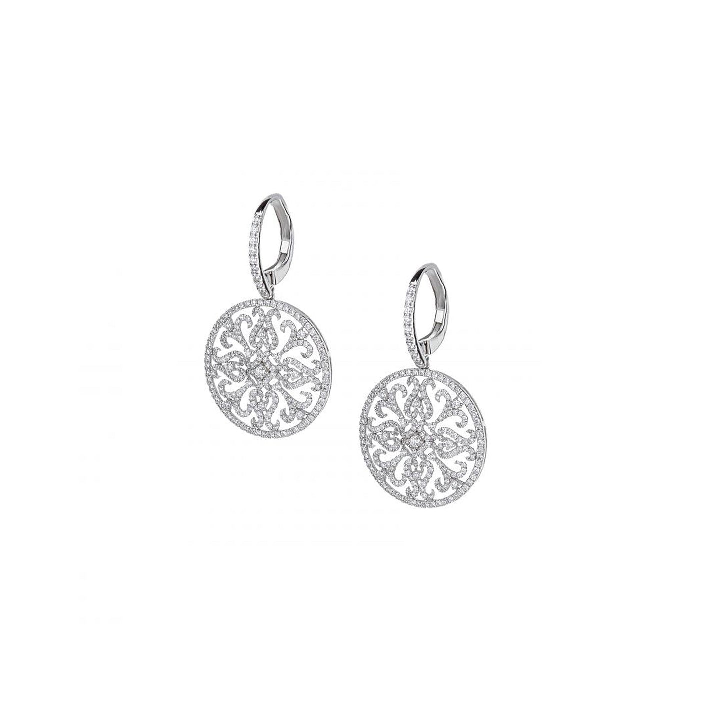 18K White Gold Circular Gothic Diamond Dangle Earrings