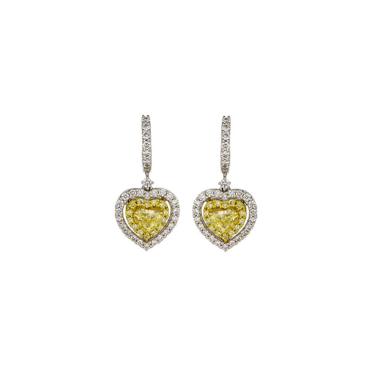 18K White & Yellow Gold Fancy Light Yellow Diamond Heart Drop Earrings