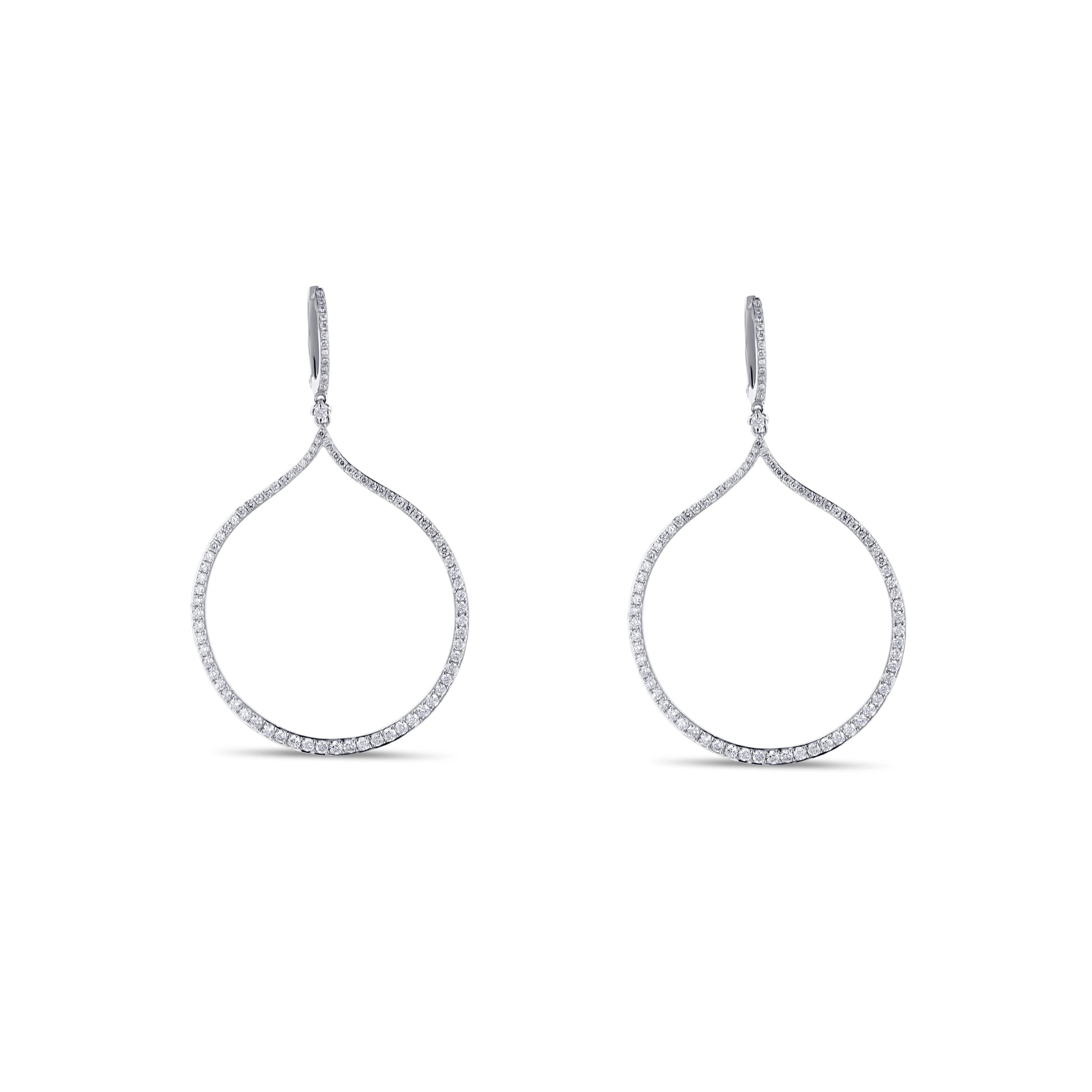 14K White Gold Round Diamond Wide Hollow Drop Dangle Earrings