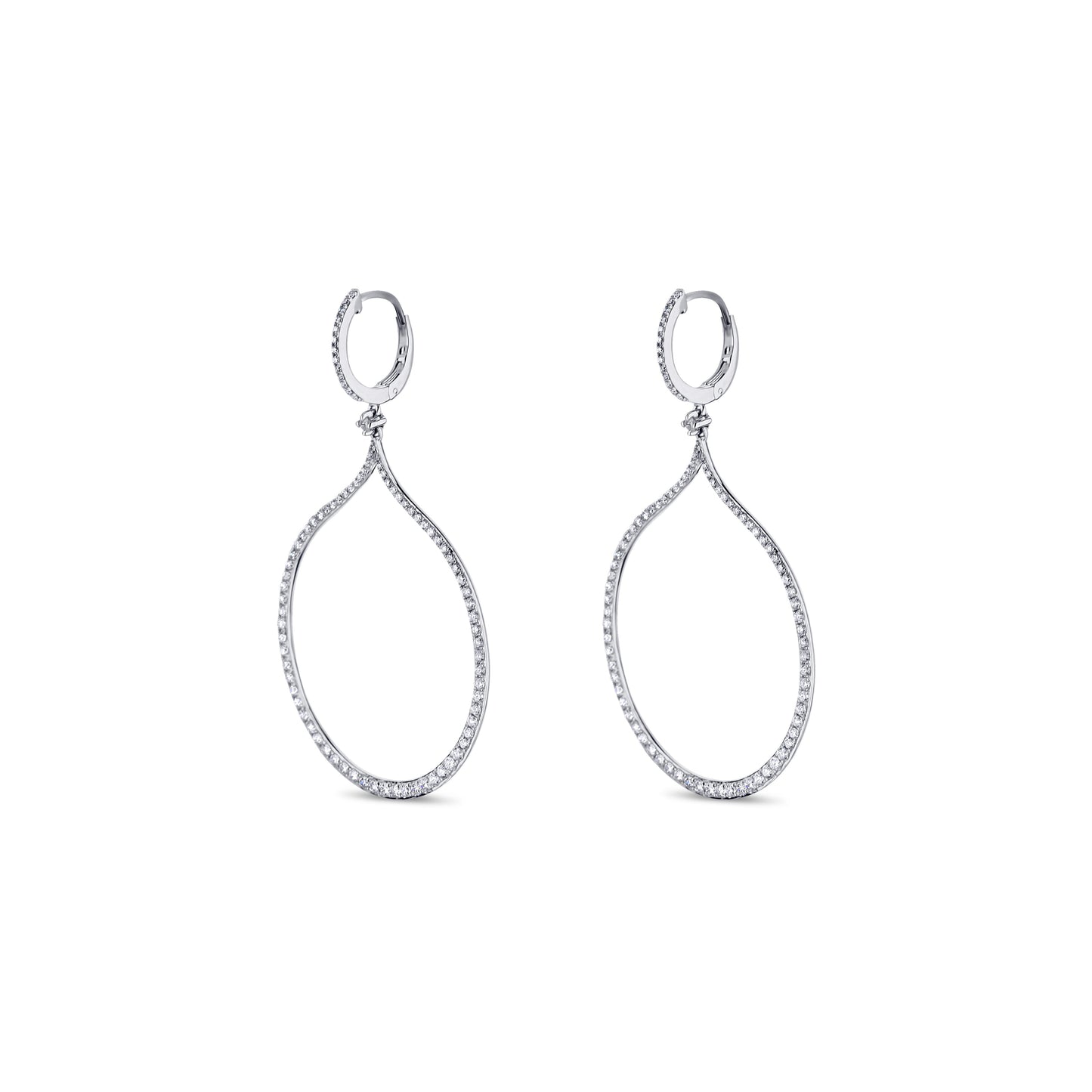 14K White Gold Round Diamond Wide Hollow Drop Dangle Earrings