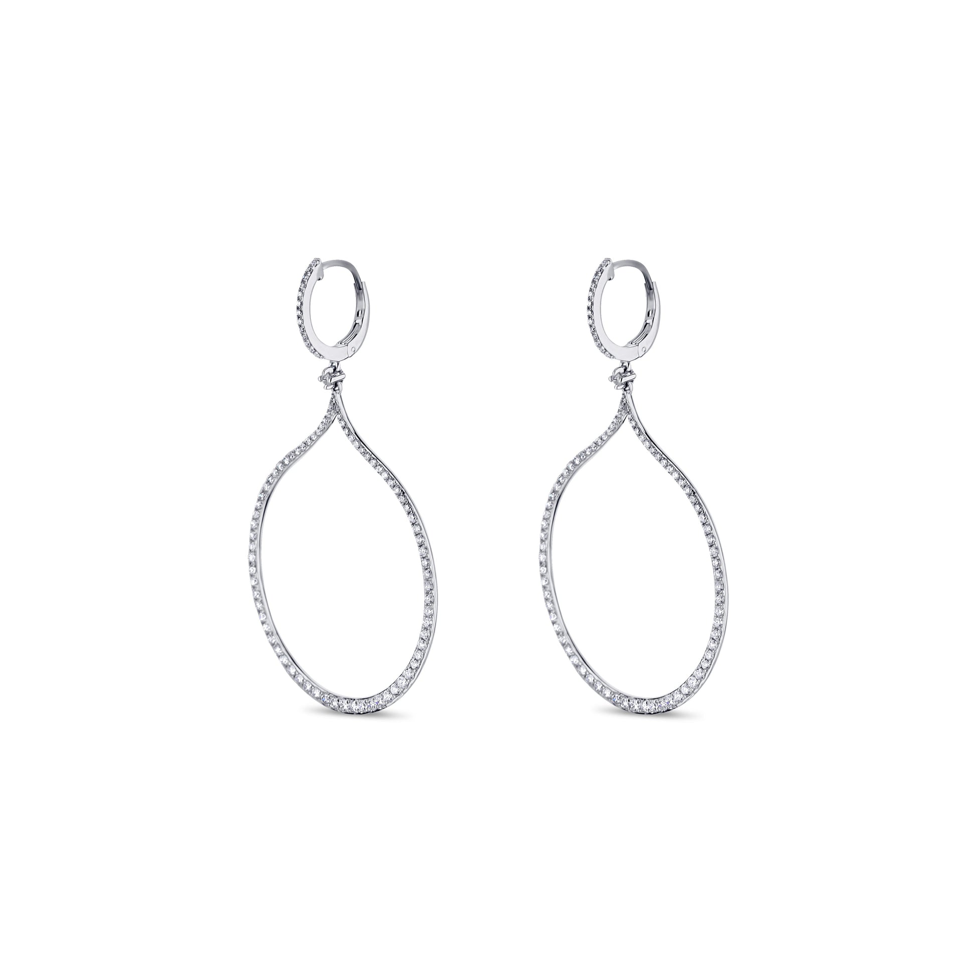 14K White Gold Round Diamond Wide Hollow Drop Dangle Earrings