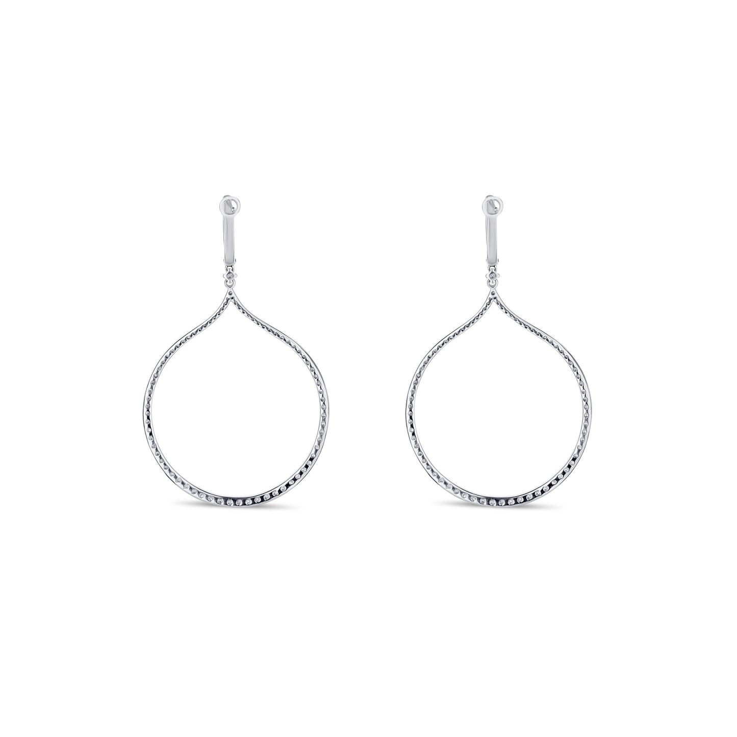 14K White Gold Round Diamond Wide Hollow Drop Dangle Earrings