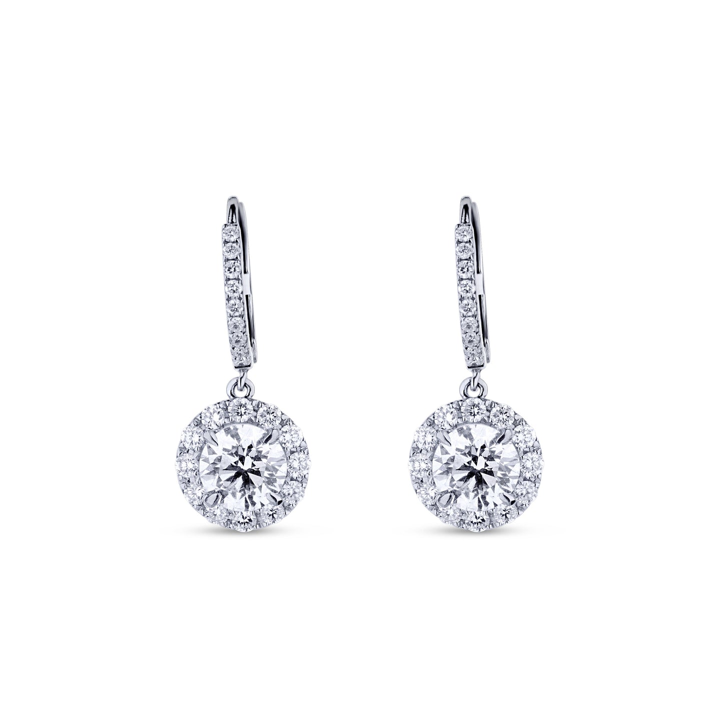 18K White Gold Round Center Diamond With Round Diamond Halo Dangles