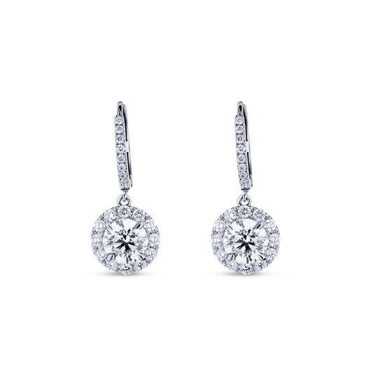 18K White Gold Round Center Diamond With Round Diamond Halo Dangles