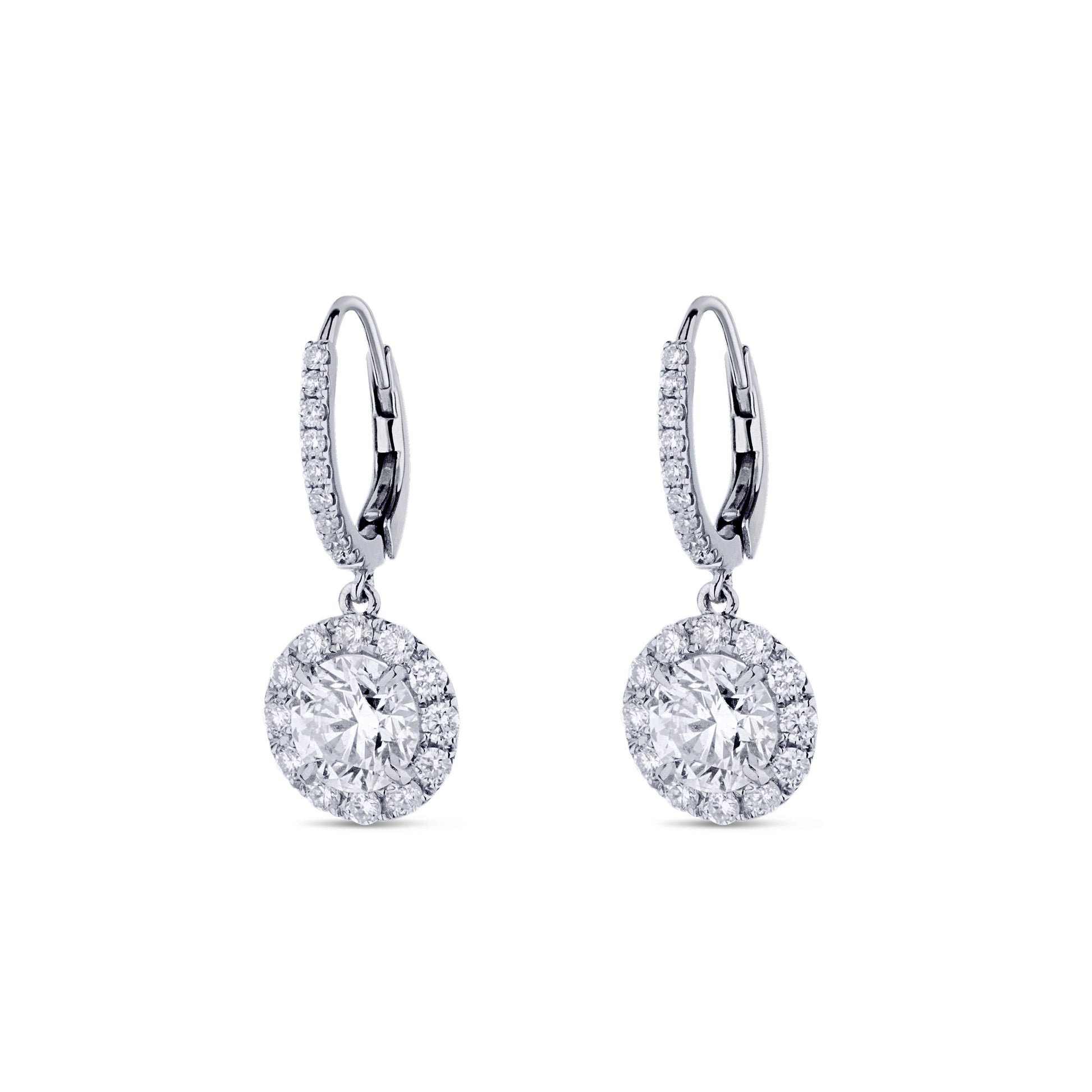 18K White Gold Round Center Diamond With Round Diamond Halo Dangles