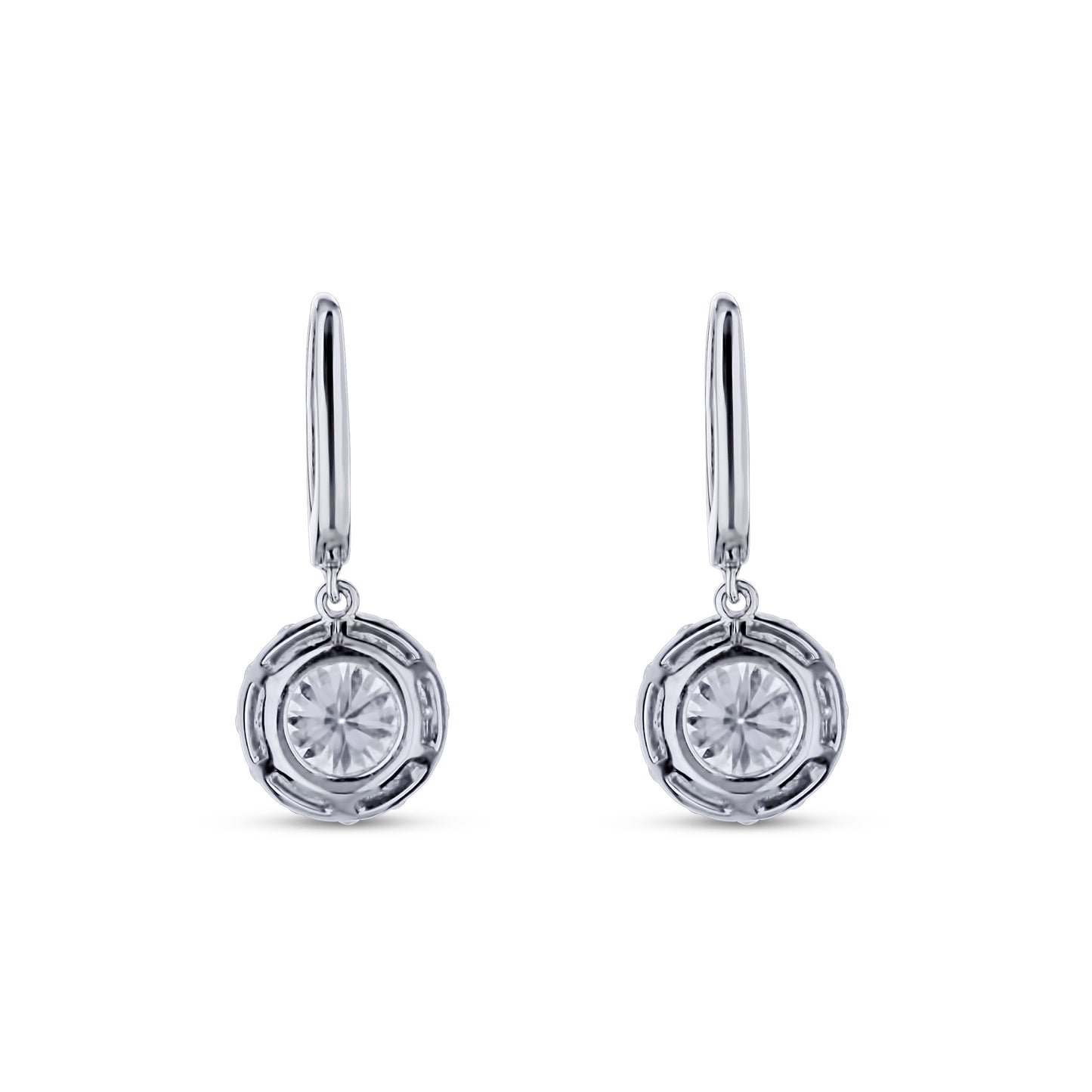 18K White Gold Round Center Diamond With Round Diamond Halo Dangles