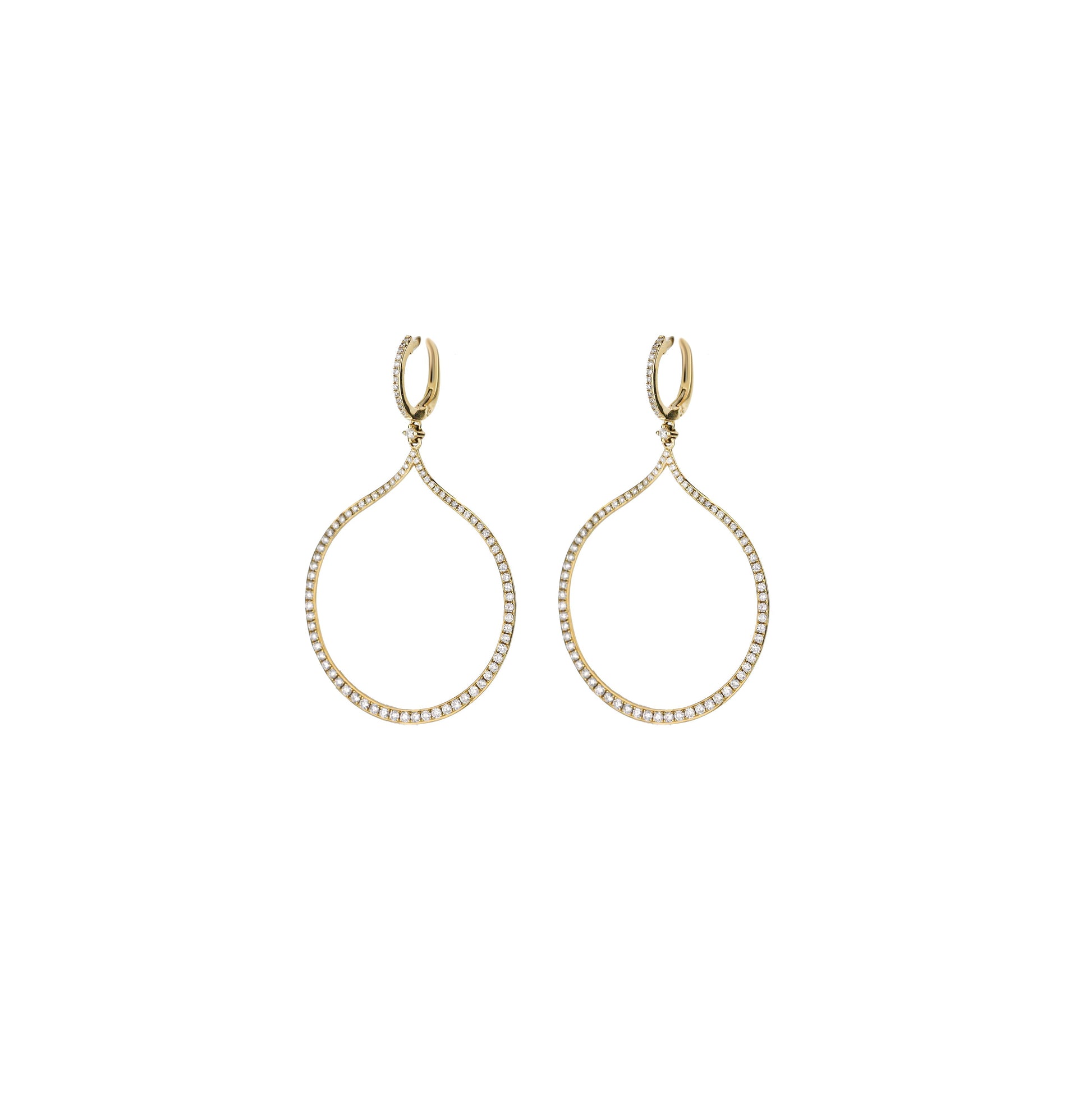 14K Yellow Gold Round Diamond Wide Hollow Drop Dangle Earrings