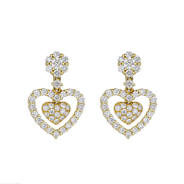 18K Yellow Gold Pave White Diamond Floating Heart Drops