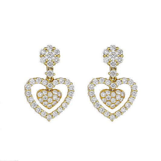 18K Yellow Gold Pave White Diamond Floating Heart Drops