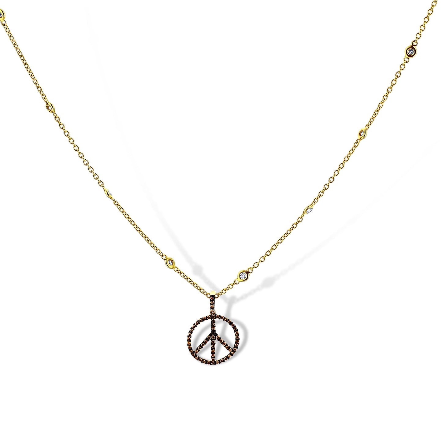 14K Yellow Gold Champagne Diamond Medium Peace Sign Pendant Necklace