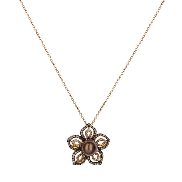 18K Rose Gold Chocolate Pearl Diamond Flower Pendant