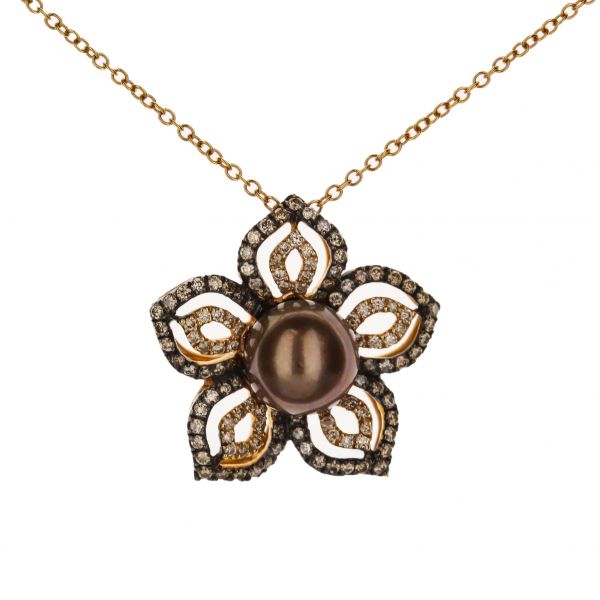 18K Rose Gold Chocolate Pearl Diamond Flower Pendant