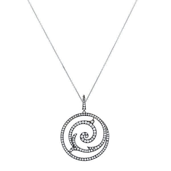 18K White Gold Black Rhodium Swirl Diamond Pendant Necklace