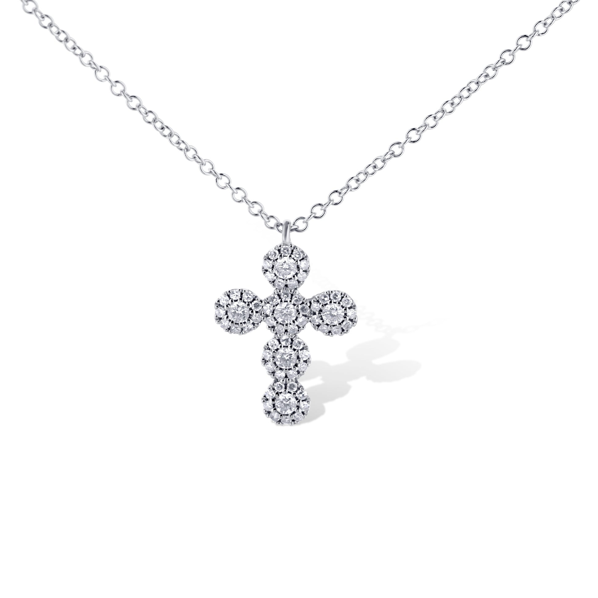 14K White Gold Cross Pendant Necklace With Diamond Halo And Chain