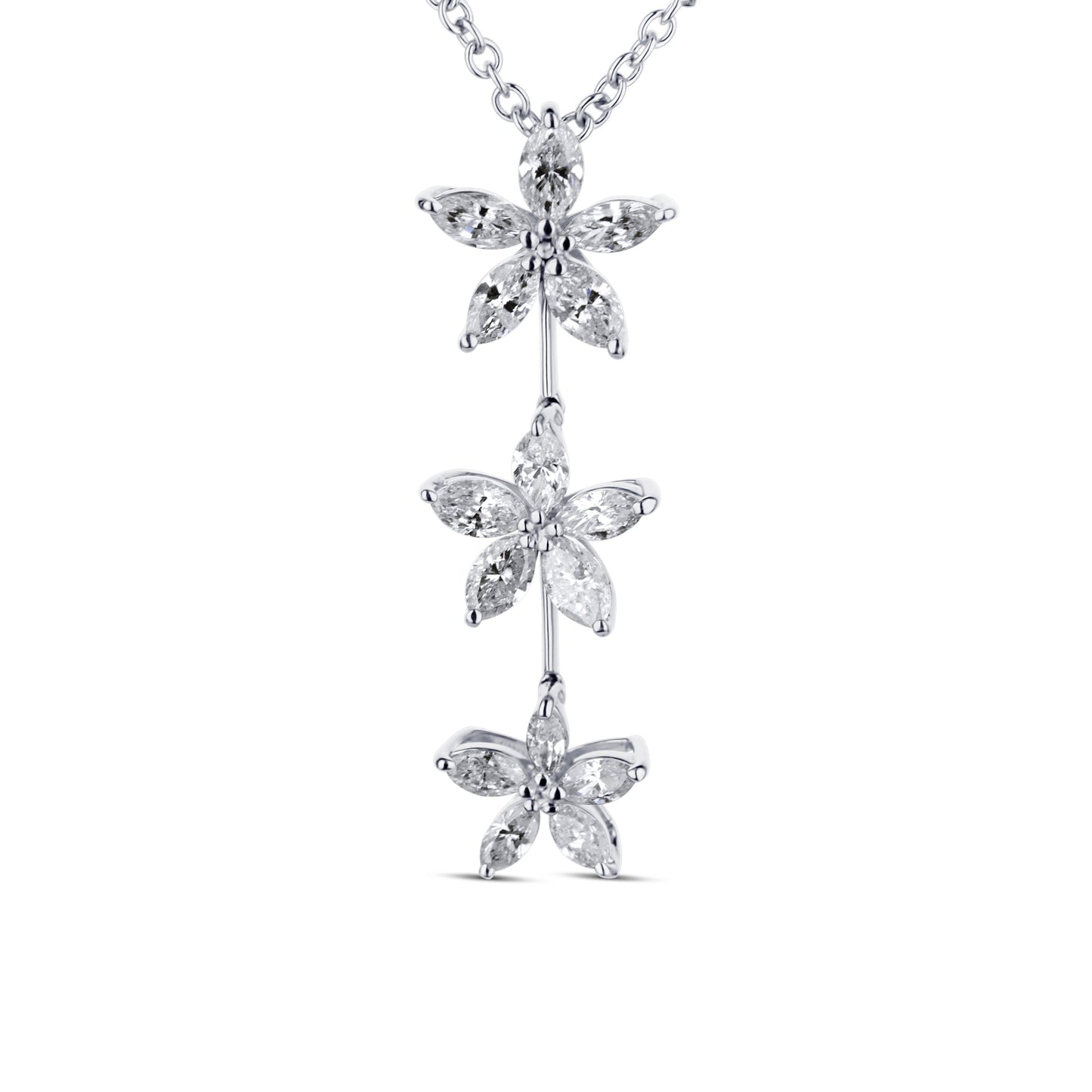 18K White Gold Marquise 3 Section Marquise Diamond Flower Pendant