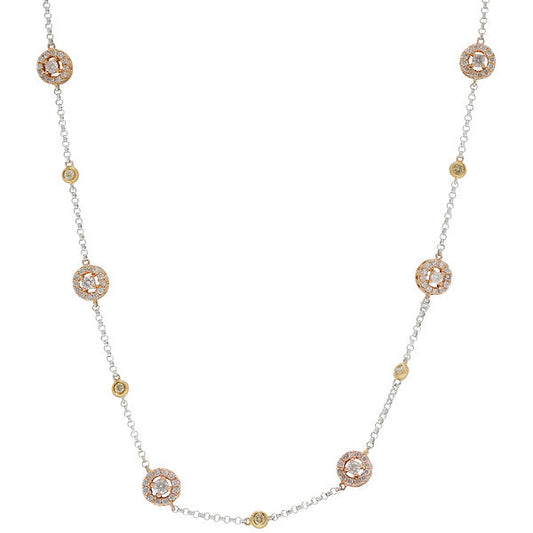 18K Tri-Color Gold White & Yellow Diamond Station Chain