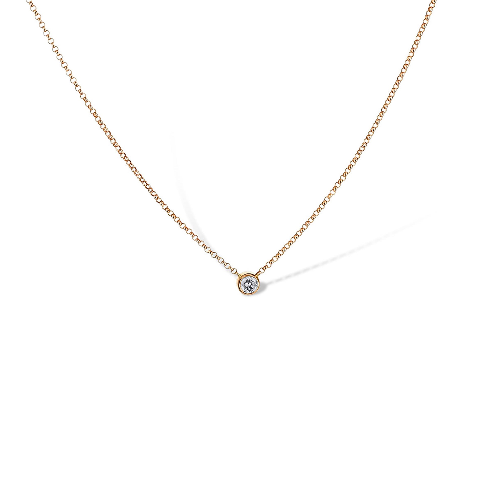 14K Rose Gold Bezel-Set Round Diamond Stationary Pendant Cable Necklace