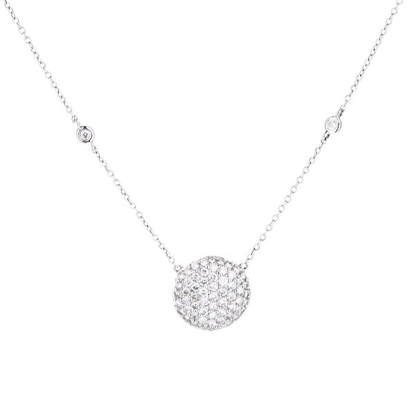 14K White Gold Pave Diamond Circle Pendant Necklace