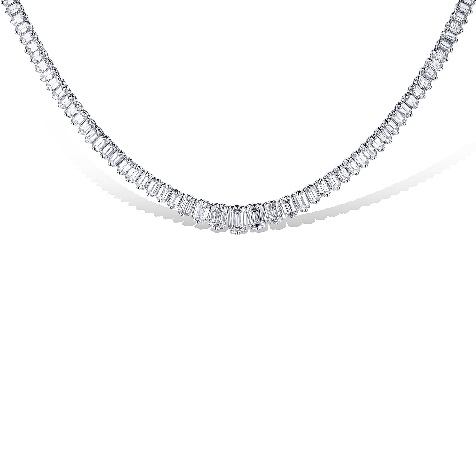 18K White Gold 24.87Ctw Emerald Cut Riviera Diamond Necklace