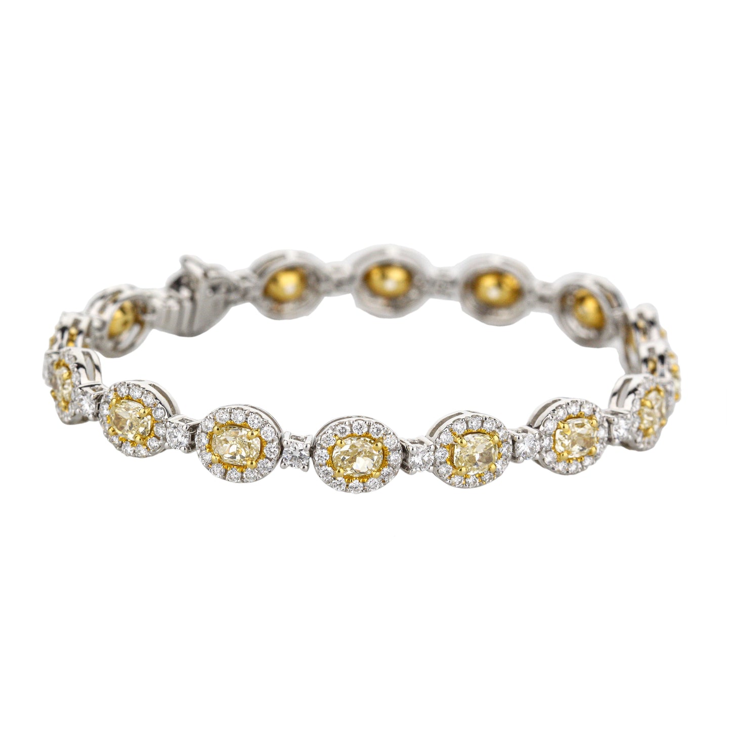 18K Two-Tone Oval Tennis Bracelet With 16 Yellow Diamonds Halo Style