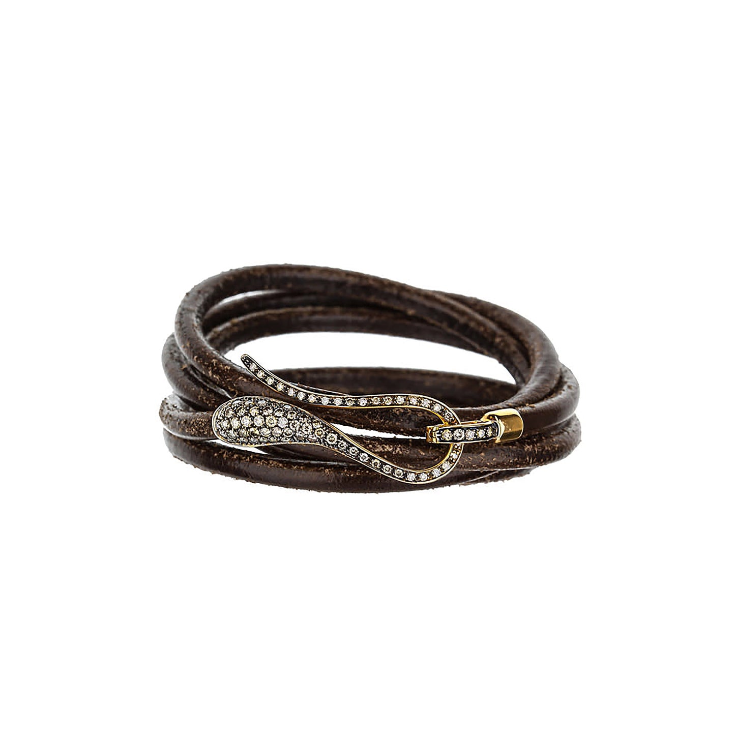 18K Rose Gold Brown Leather Chocolate Diamond Hook Wrap Bracelet