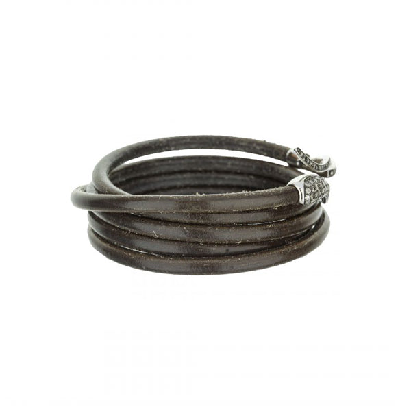 18K White Gold Grey Leather Grey Diamond Hook Wrap Bracelet