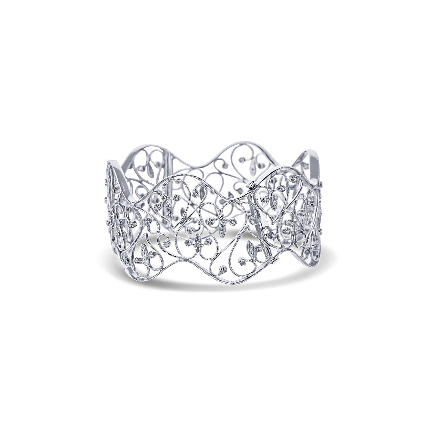 18K White Gold Wide Hinged Bangle Milgrain Finished Filigree