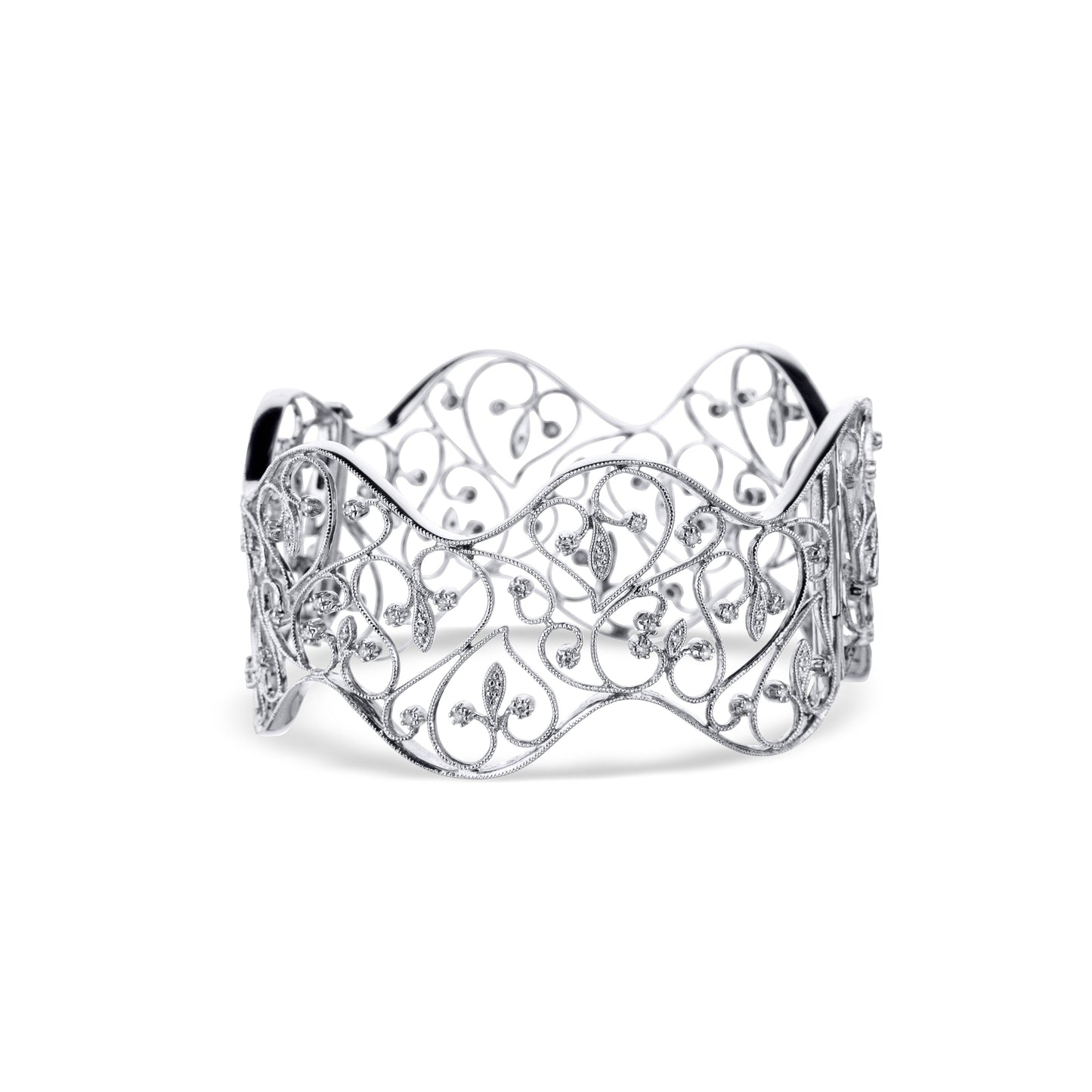 18K White Gold Wide Hinged Bangle Milgrain Finished Filigree