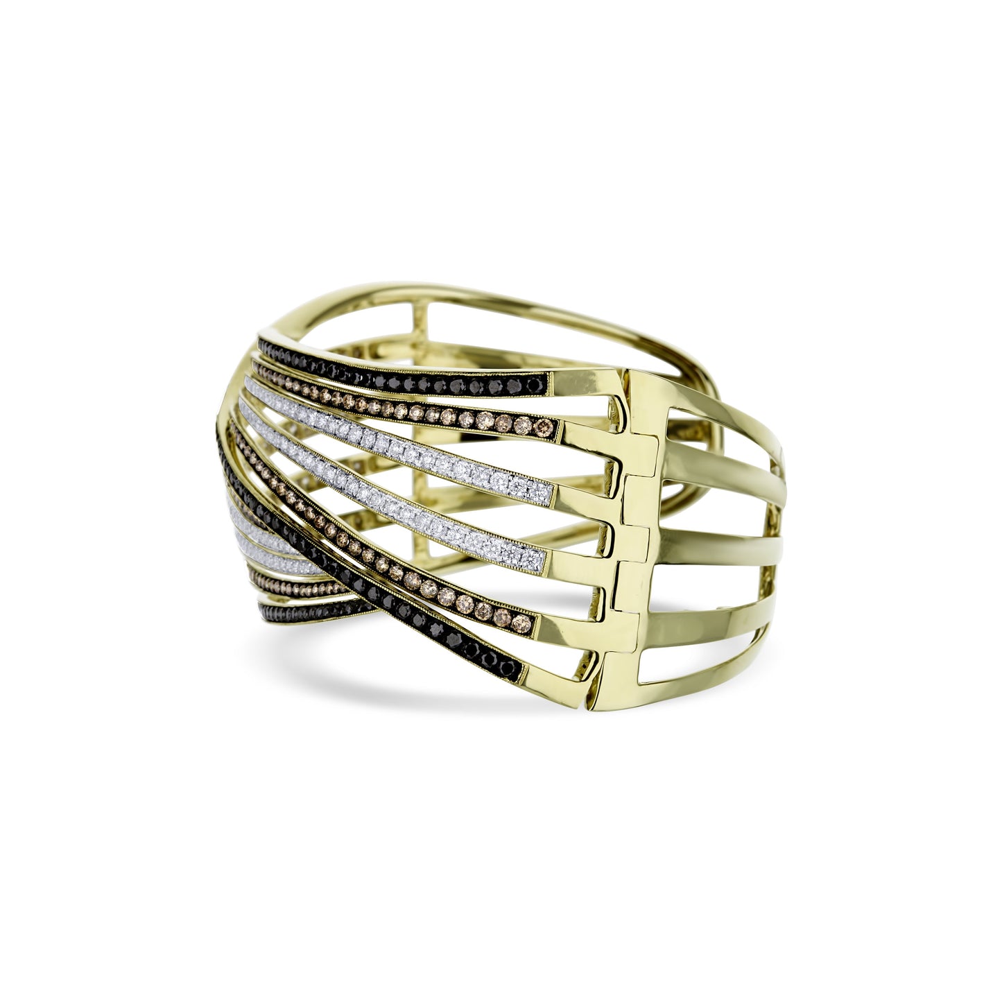 14K Yellow Gold "Dabakaov" Multi Color Diamond Row Designer Bangle  124 Round Black Diamonds