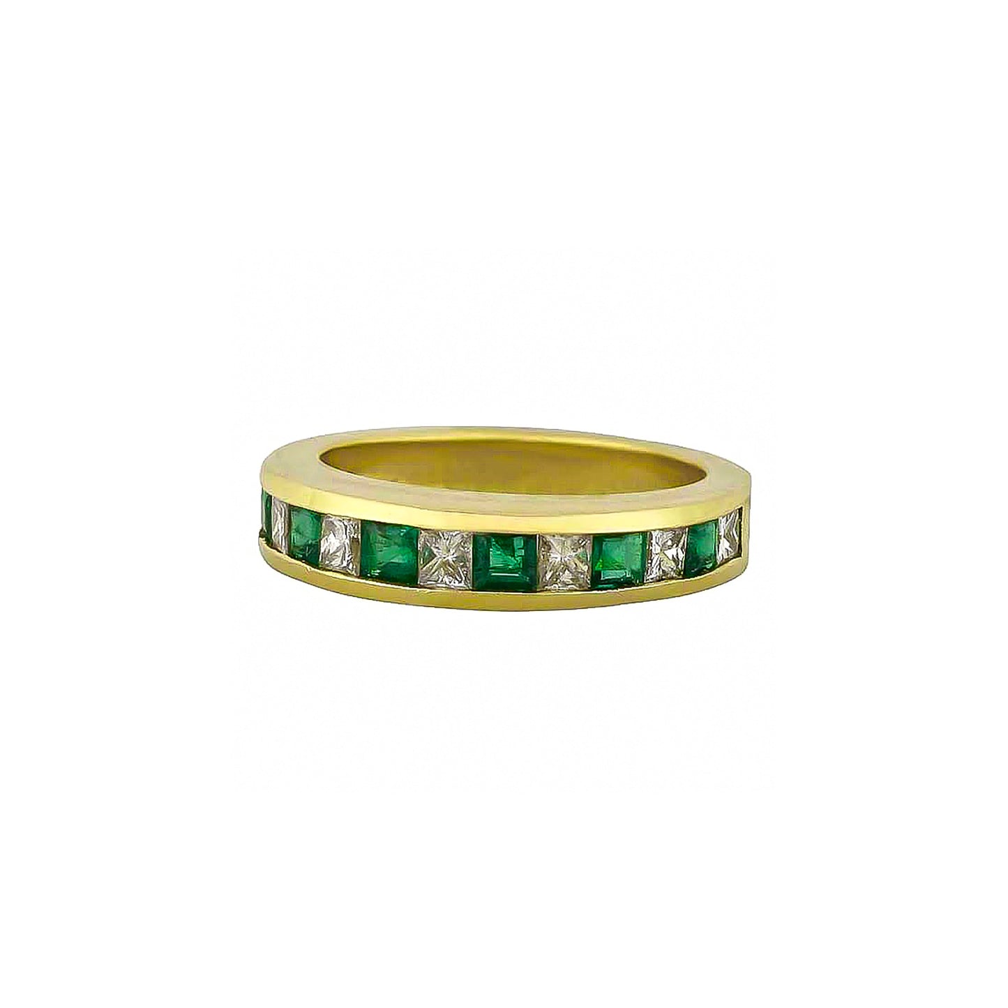 18K Yellow Gold Square Emeralds & Princess-Cut Diamond Halfway Band