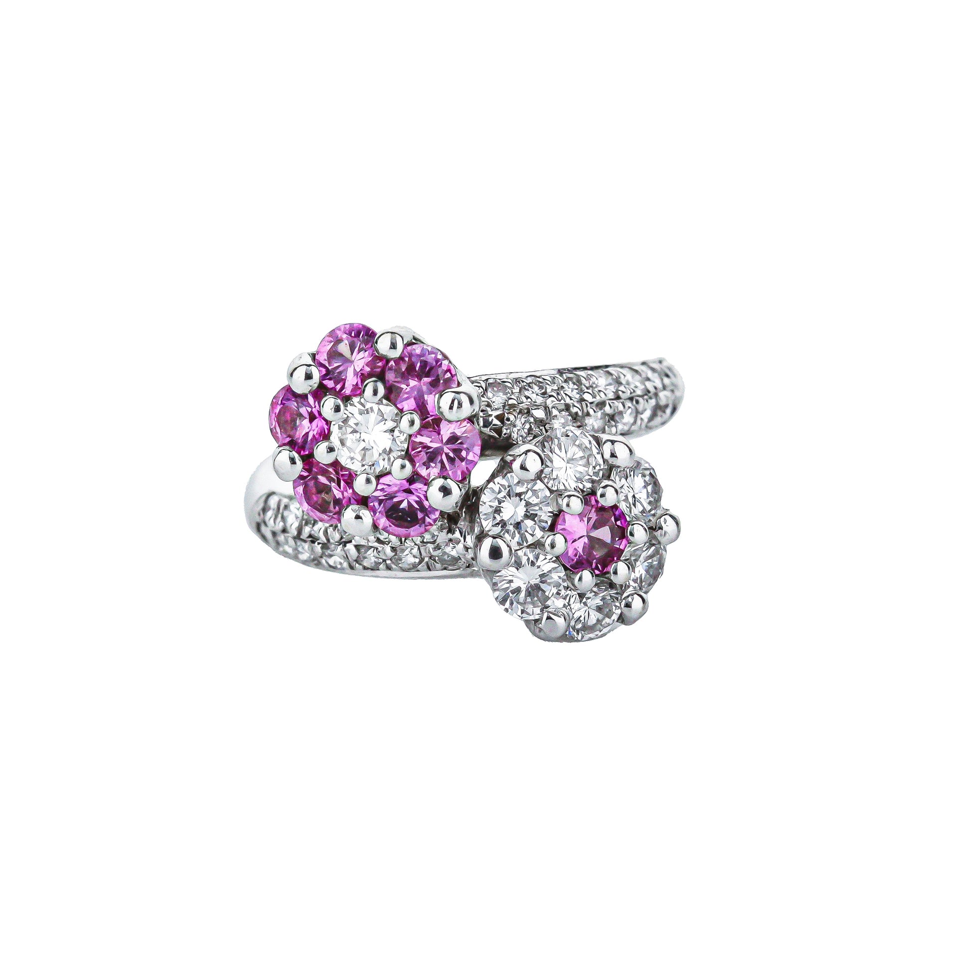 18K White Gold Double Daisy Ring In Pink Sapphires & Diamonds