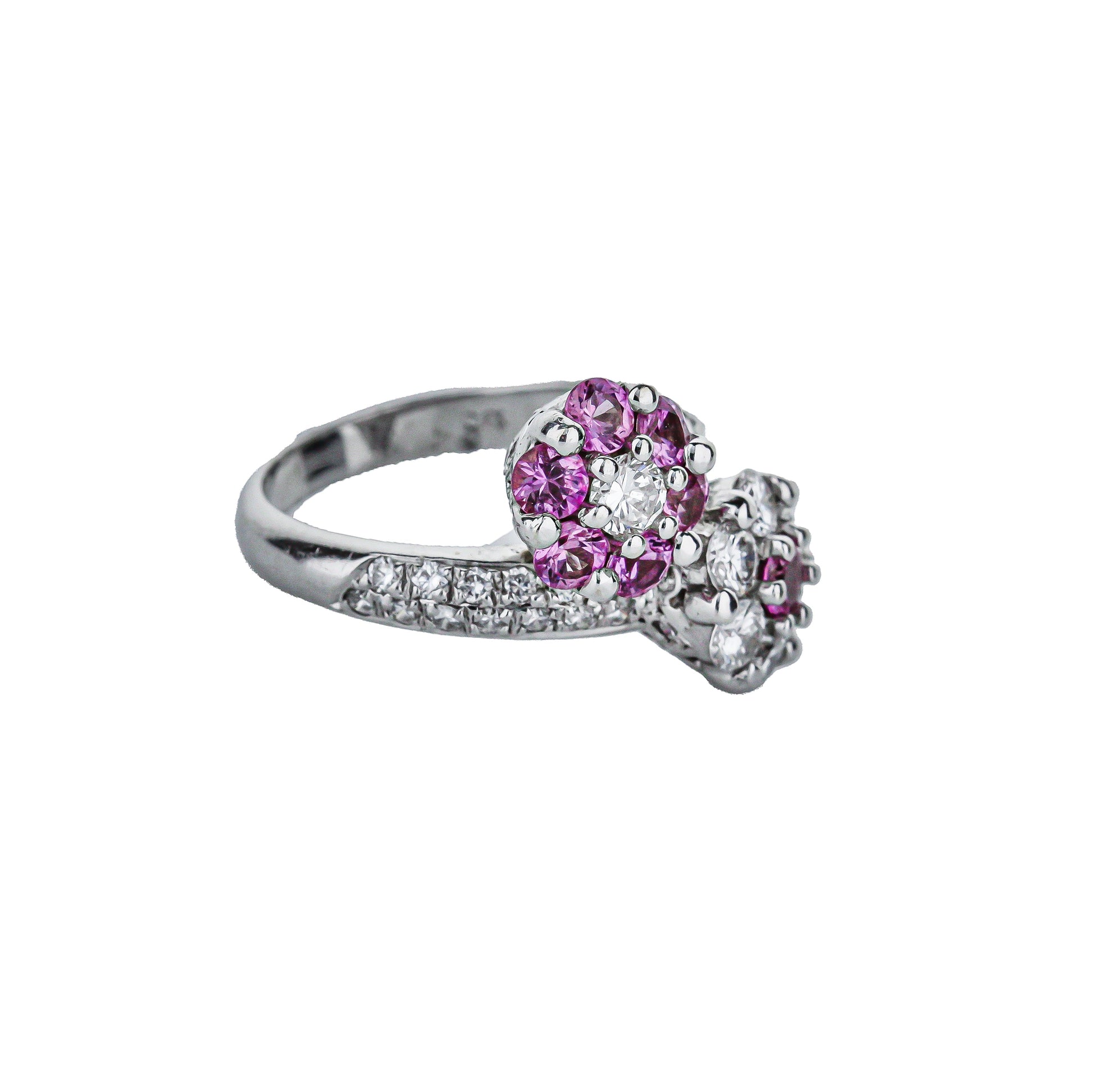 18K White Gold Double Daisy Ring In Pink Sapphires & Diamonds