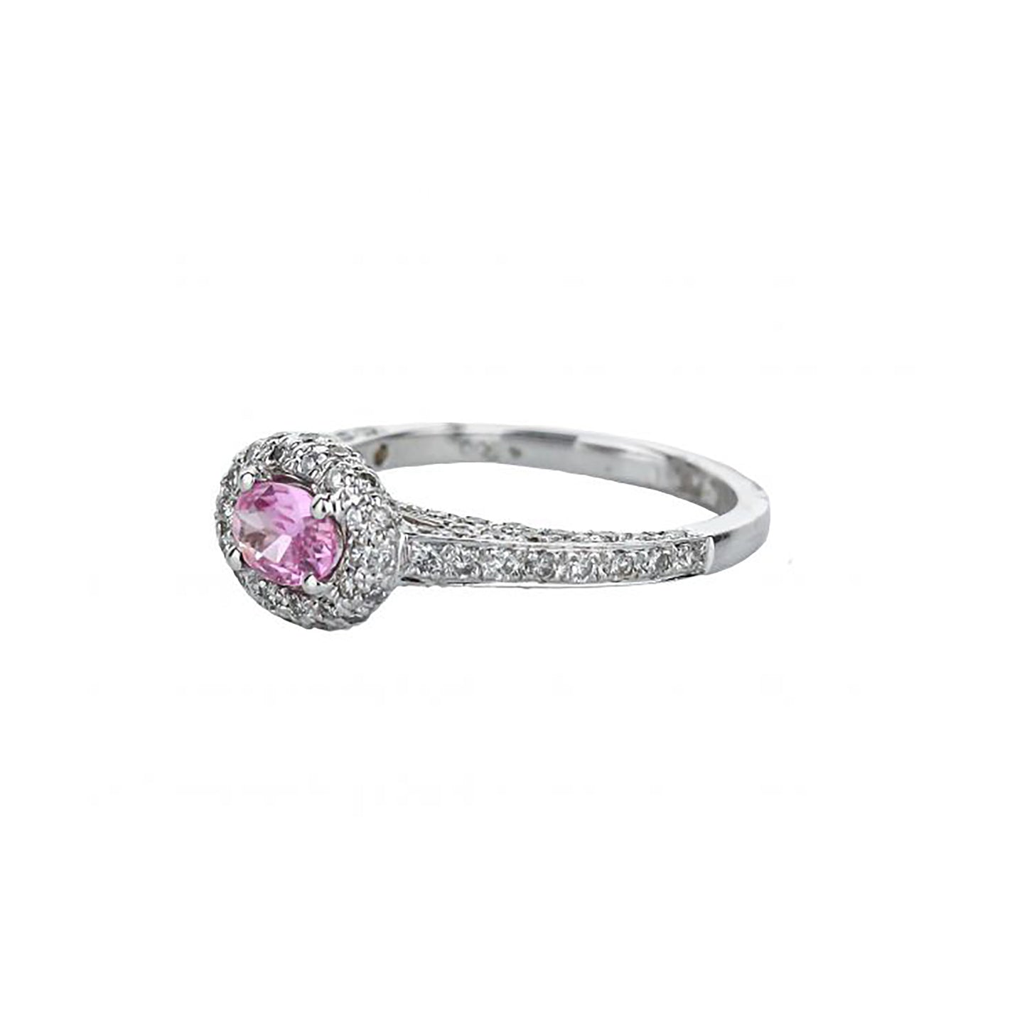 18K White Gold Oval Pink Sapphire Diamond Halo Ring