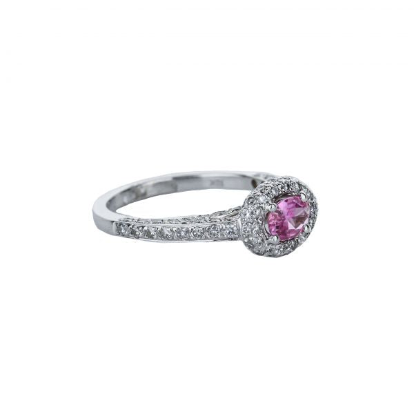 18K White Gold Oval Pink Sapphire Diamond Halo Ring